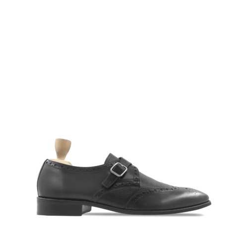 Ainsworth Men's Black Calf and Pebble Grain Leather Single Monkstrap Shoes