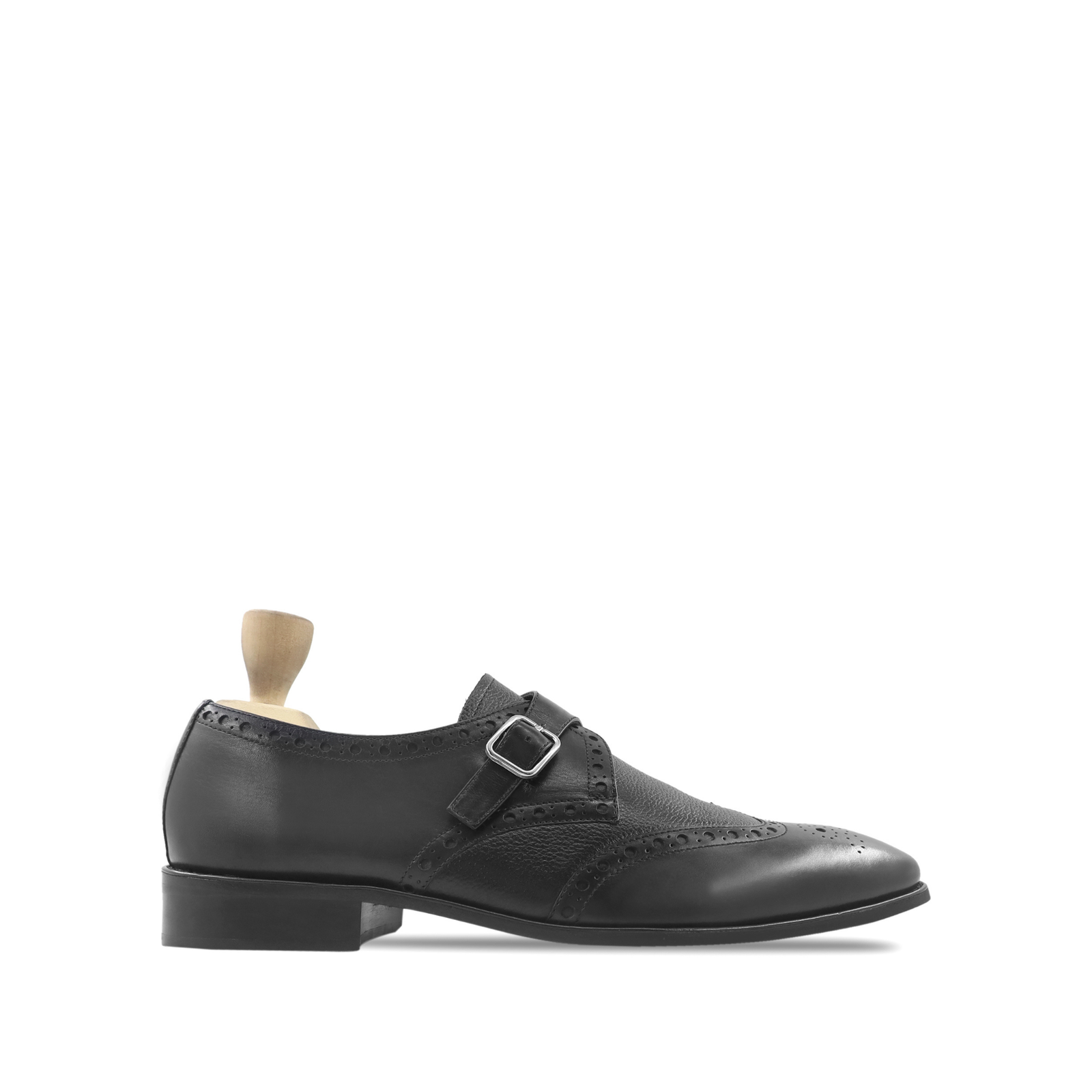 Ainsworth Men's Black Calf and Pebble Grain Leather Single Monkstrap Shoes