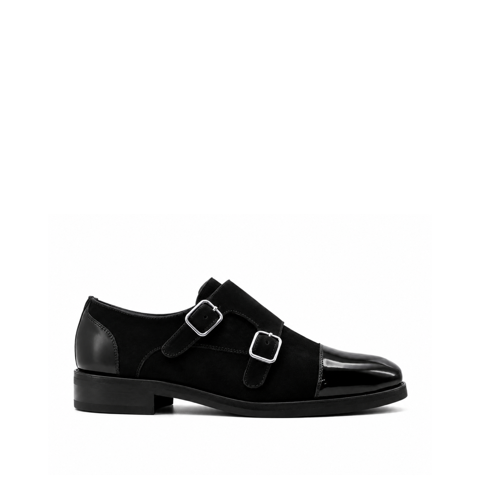 Beckett Men's Black Patent Leather and Kid Suede Double Monkstrap Shoes