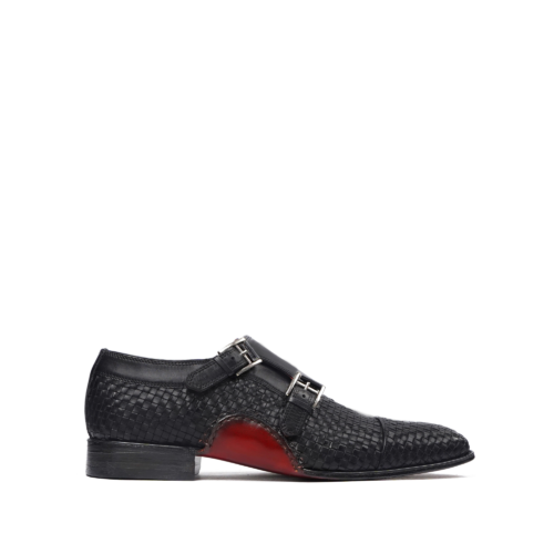 Bexley Men's Black Hand Woven Calf Leather Double Monkstrap Shoes