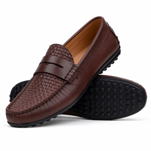 Drake 3 Men's Light Brown Check Textured Calf Leather Driver
