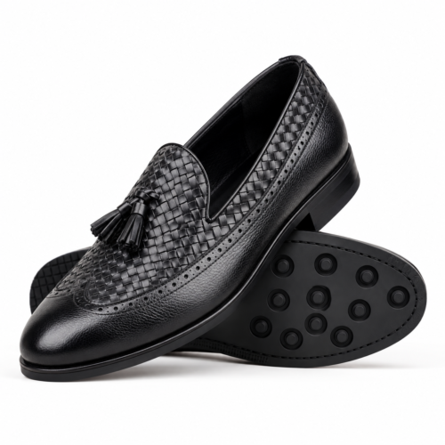 Mayfair Men's Dark Black Pebble Grain and Hand Woven Calf Leather Loafer