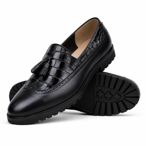 Edinburgh Men's Black Calf Leather & Crocodile Printed Loafer