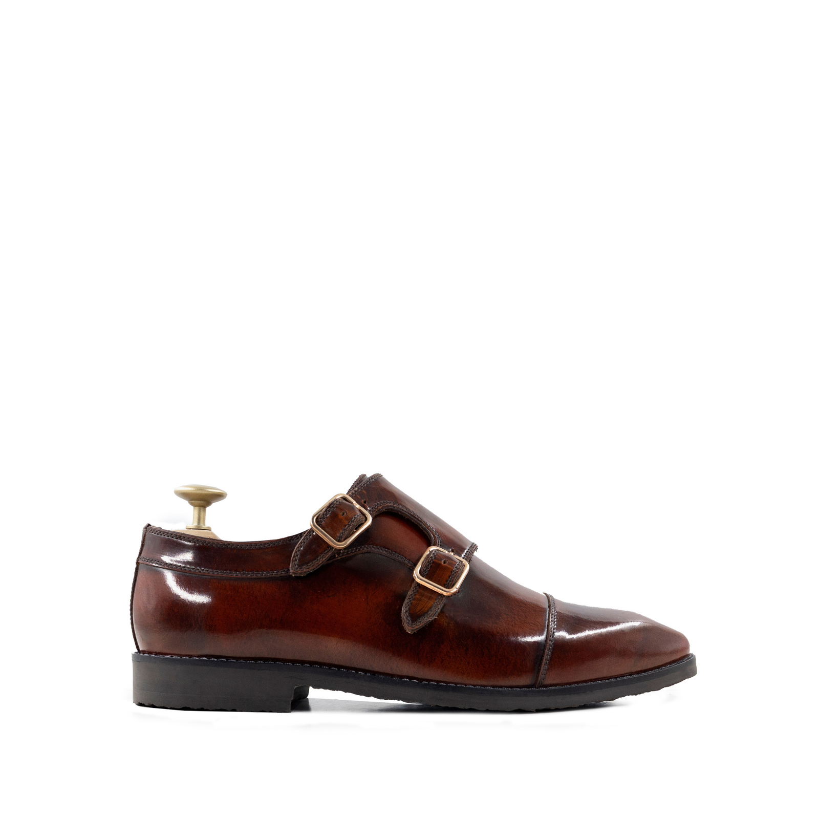 Walton Men's Reddish Brown Box Leather High Shine Double Monkstrap Shoes